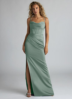 Azazie Mai Bridesmaid Dresses Silver Sage Sheath Pleated Stretch Satin Dress image1