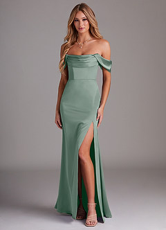 Azazie Saige Vestidos de damas de honor Vestido de Salvia Plateada de Satén Elástico de Corte Recto con Vestidos sin tirantes image1