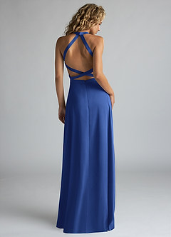 Azazie Clarice Bridesmaid Dresses Royal Blue A-Line High Neck Stretch Satin Dress image3
