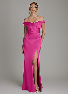 Azazie Teyana Robes de demoiselle d'honneur Robe Fourreau en Satin extensible Épaule décolletée Fuchsia image4