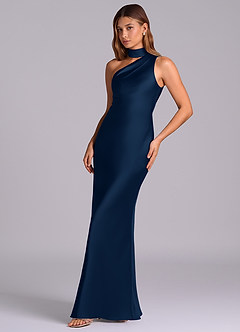 Azazie Seona Robes de demoiselle d'honneur Robe Sirène en Satin extensible Une épaule Bleu Marine Foncé image6