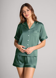 front Matchende farve Satin Kontrast Piping Pyjamas Sæt