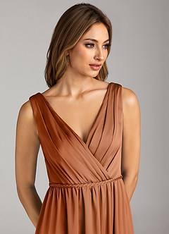 Azazie Tanicia Bridesmaid Dresses Copper A-Line Pleated Stretch Satin Dress image6