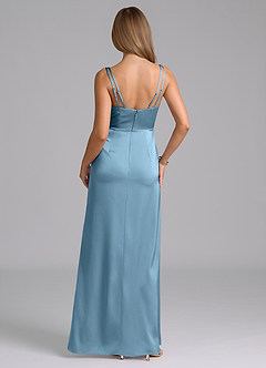 Azazie Leo Vestidos de damas de honor Vestido de Azul Acero de Satén Elástico de Corte Recto con Plisado image3