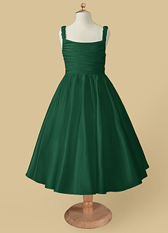 Azazie Cutie Pie Flower Girl Dresses Dark Green A-Line Pleated Matte Satin Dress image4