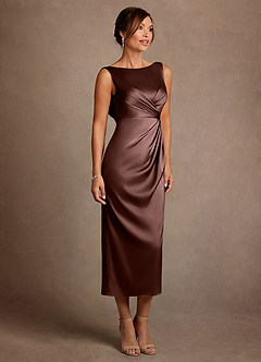 Azazie Mazhe Mother of the Bride Dresses Espresso A-Line Pleated Stretch Satin Dress image4