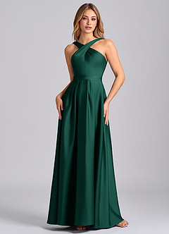 Azazie Dixie Bridesmaid Dresses Emerald A-Line Pleated Stretch Satin Dress image4