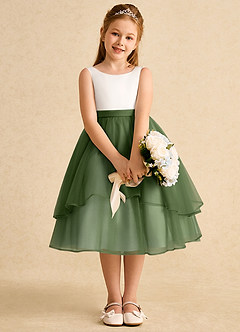Azazie Rene Blumenmädchenkleider A-Linie Schleifen Tüll Kleid Elfenbein Olivgrün image6