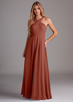 Azazie Dixie Bridesmaid Dresses Auburn A-Line Halter Pleated Chiffon Dress image1