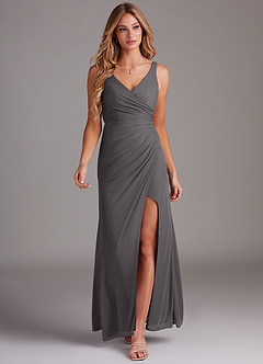 Azazie Leandra Bridesmaid Dresses Steel Grey Mermaid V-Neck Pleated Mesh Dress image5