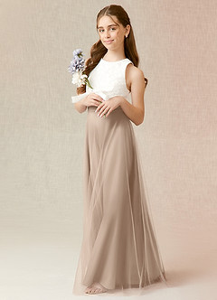 Azazie Albertine Junior Taupe A-Line Lace Chiffon Dress image4