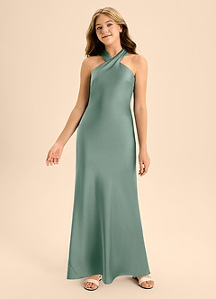 Azazie Doretta Junior Silver Sage Mermaid Pleated Stretch Satin Dress image4