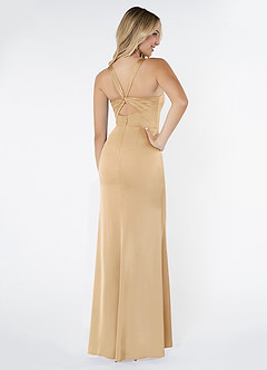 Azazie Mero Bridesmaid Dresses Gold Sheath Pleated Stretch Satin Dress image3