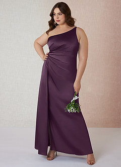 Azazie Mika Bridesmaid Dresses Plum Sheath One Shoulder Stretch Satin Dress image8