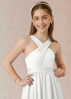 Azazie Jiya Junior White A-Line Pleated Stretch Satin Dress image4