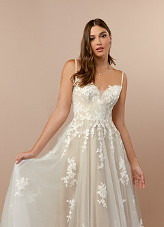 Azazie Botanica Wedding Dresses Diamond White Nude A-Line Off the Shoulder Tulle Dress image5