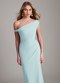 Azazie Emerson Bridesmaid Dresses Sea Glass Sheath Off the Shoulder Chiffon Dress image2