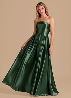 Azazie Lucienne At-home Try On Dresses Dark Green A-Line Pleated Metallic Satin Dress image1