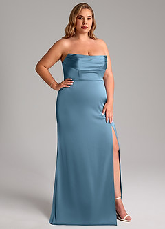 Azazie Saige Jurken voor bruidsmeisjes Jurk van Stretch Satijn met Kolom Off the Shoulder Staal Blauw image17