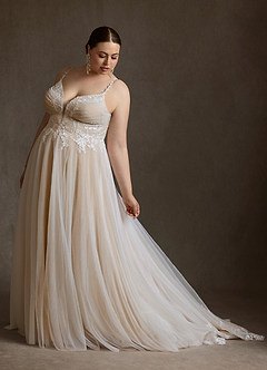 Azazie Devi Robes de mariée Robe Trapèze en Tulle Col V Dentelle Diamant Nude image8