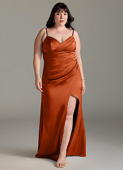 Azazie Yola Bridesmaid Dresses Burnt Orange Sheath V-Neck Pleated Stretch Satin Convertible Dress image9