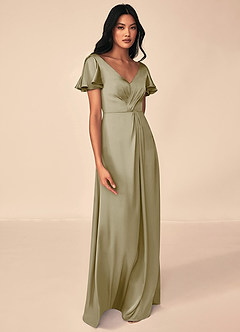 Azazie Soren Bridesmaid Dresses Moss Green A-Line Pleated Stretch Satin Dress image7