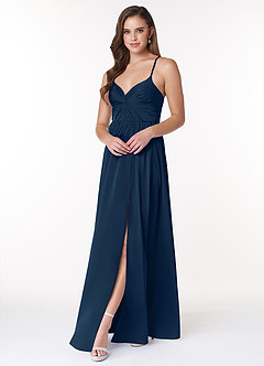 Azazie Raya Brautjungfernkleider A-Linie V-Hals Gefaltet Stretch-Satin Kleid Dunkelmarine image3