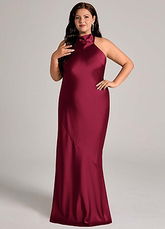 Azazie Velli Bridesmaid Dresses Burgundy Mermaid High Neck Stretch Satin Dress image8