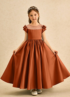 Azazie Toffee Flower Girl Dresses Burnt Orange Ball-Gown Bow Matte Satin Dress image2