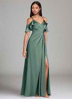 Azazie Dakota Bridesmaid Dresses Eucalyptus A-Line Off the Shoulder Stretch Satin Dress image1