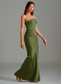 Azazie Emilia Abiti da Damigella Abito Sirena in Raso Elasticizzato Senza Cinturino Oliva image3