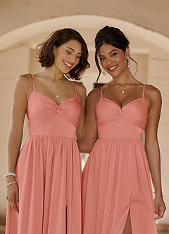 Azazie Zeya Bridesmaid Dresses Coral A-Line Pleated Stretch Satin Dress image2