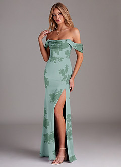 Azazie Saige Robes de demoiselle d'honneur Robe Fourreau en Satin extensible Épaule décolletée Fleurs De Sauge Poussiéreuse image5