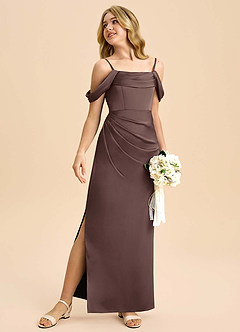 Azazie Saige Junior Robe Fourreau en Satin extensible Épaule décolletée Ganache image5