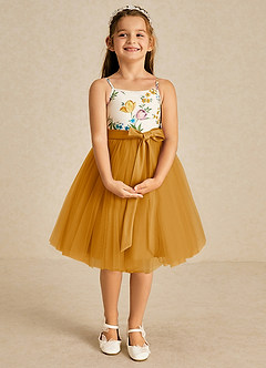 Azazie Jollie Flower Girl Dresses Butterscotch A-Line Spaghetti Strap Tulle Dress image3