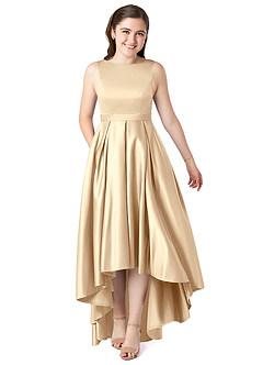 Azazie Inaya Junior Robe Trapèze en Satin extensible avec ceinture Champagne image1