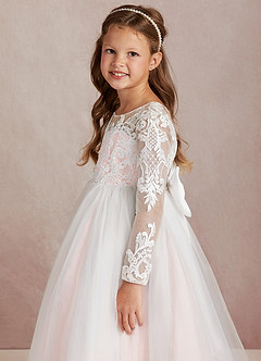 Azazie Elodie Flower Girl Dresses Ivory Blushing Pink Ball-Gown Lace Dress image6