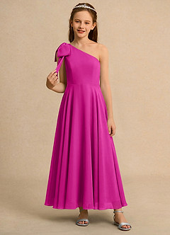 Azazie Guppy Girls Formal Abiti da Ragazza di Fiori Abito A-Line in Chiffon Monospalla Fucsia image3