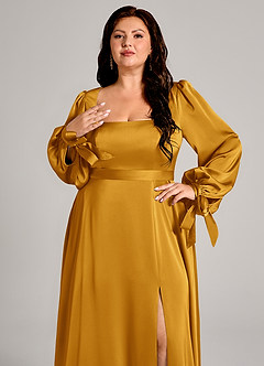 Azazie Leonia 신부 들러리 드레스 A라인 긴팔 스트레치 새틴 바닥 길이 드레스 image9