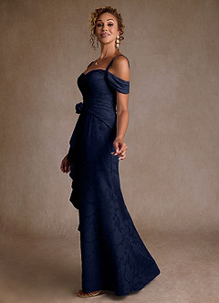 Azazie Irene Mother of the Bride Dresses Dark Navy A-Line Off the Shoulder Floral Burnout Dress image2