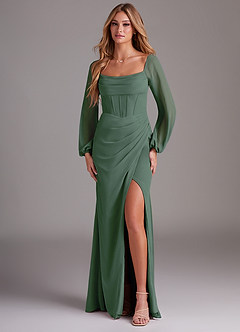 Azazie Charissa Bridesmaid Dresses Eucalyptus Sheath Long Sleeve Chiffon Dress image1