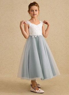 Azazie Momo Flower Girl Dresses Ivory Eucalyptus A-Line Lace Dress image5