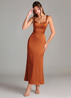 Azazie Denice Bridesmaid Dresses Cinnamon Sheath Pleated Stretch Satin Dress image1
