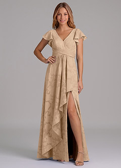 Azazie Omari 신부 들러리 드레스 A라인 주름진 플로럴 번아웃 바닥 길이 드레스 image1