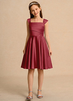 Azazie Budle Girls Formal Flower Girl Dresses Pomegranate A-Line Pleated Matte Satin Dress image4