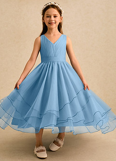 Azazie Seraphina vestidos de niña de las flores Vestido Azul Acero de Tul de Corte en A con Plisado image4