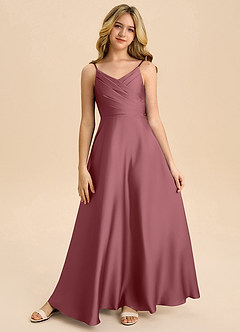 Azazie Bug Junior Vestido de Rosa Del Desierto de Satén Elástico de Corte en A con Plisado image5