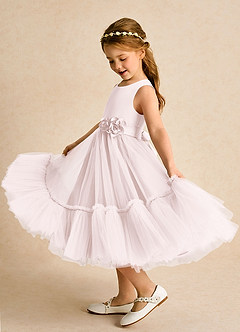 Azazie Miracle Flower Girl Dresses Blushing Pink A-Line Bow Matte Satin Dress image1