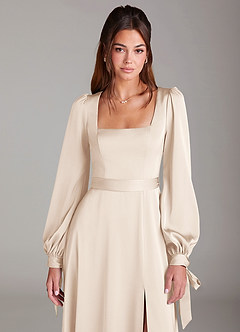 Azazie Leonia Bridesmaid Dresses White Alabaster A-Line Long Sleeve Stretch Satin Dress image6