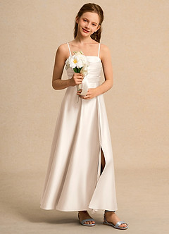 Azazie Pebbles Girls Formal Flower Girl Dresses White Alabaster A-Line Pleated Matte Satin Dress image6